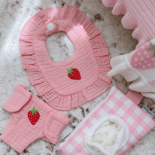 🍓 Strawberry Frilled Bib & Diaper Doll Set - Fits 34-38cm Minikane Gordis, Mini Colettos, Llorens dolls