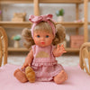 3-piece top + skirt + bow dolls set in Croissant vintage Red Ivory pinstripe - Fits 34-38cm Minikane Gordis, Mini Colettos, Llorens dolls