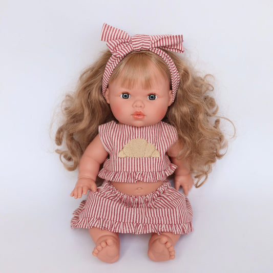 3-piece top + skirt + bow dolls set in Croissant vintage Red Ivory pinstripe - Fits 34-38cm Minikane Gordis, Mini Colettos, Llorens dolls
