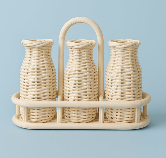 Natural rattan Milk bottles -three in holder - plain or with labels
