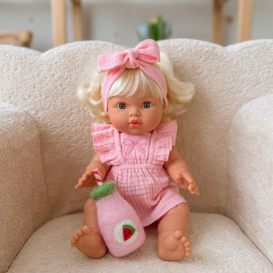 Petal pink dolls bow dress headwrap and Bloomers - 3 pce set-Fits 34-38cm Minikane Gordis, Mini Colettos, Llorens dolls