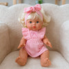 Petal pink dolls bow dress headwrap and Bloomers - 3 pce set-Fits 34-38cm Minikane Gordis, Mini Colettos, Llorens dolls