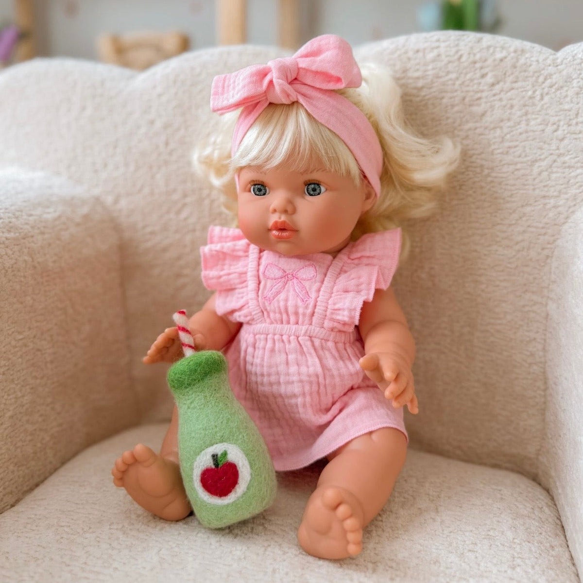Petal pink dolls bow dress headwrap and Bloomers - 3 pce set-Fits 34-38cm Minikane Gordis, Mini Colettos, Llorens dolls