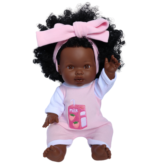 PRE ORDER Strawberry Sips Milk Romper + Bow set - Fits 34-38cm Minikane Gordis, Mini Colettos, Miniland Dolls, Llorens dolls (Copy)