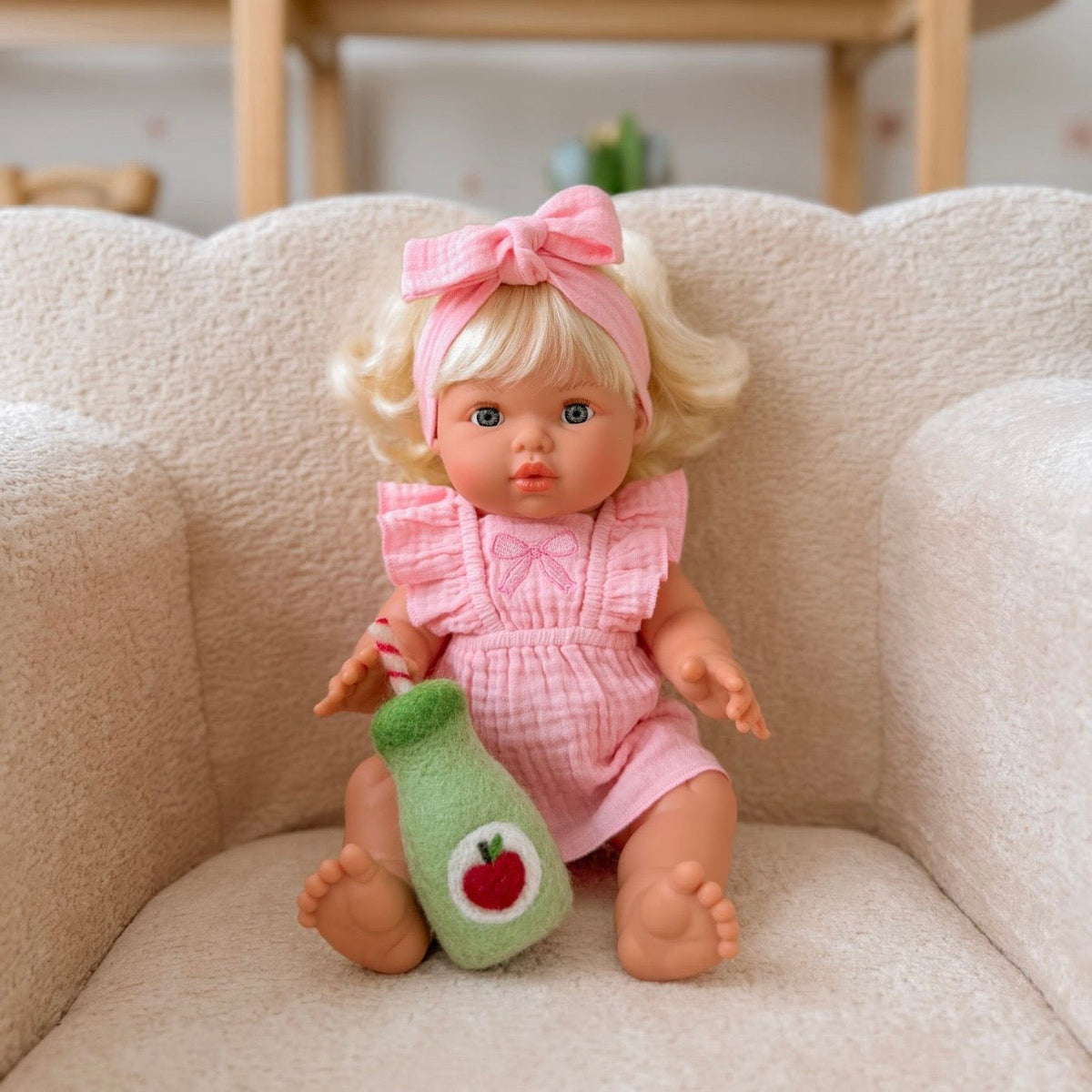Petal pink dolls bow dress headwrap and Bloomers - 3 pce set-Fits 34-38cm Minikane Gordis, Mini Colettos, Llorens dolls
