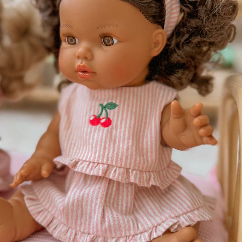 Dolls Vintage Pink & Ivory Frilled Three-Piece Set with Cherry 🍒 Embroidery - Fits 34-38cm Minikane Gordis, Mini Colettos, Llorens dolls