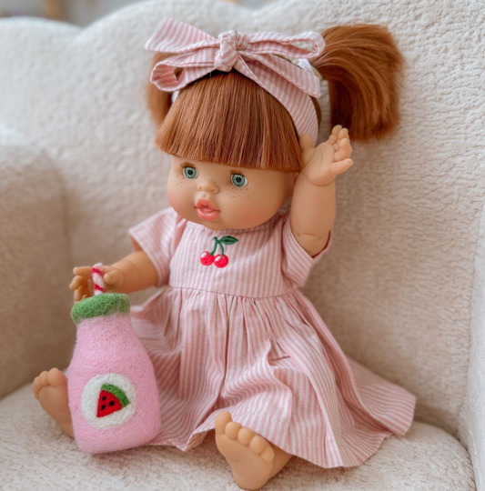 Dolls Dusty Pink Pinstripe Cherry 🍒 Gingham Chloe Gingham dress - Fits 34-38cm Minikane Gordis, Mini Colettos, Llorens dolls