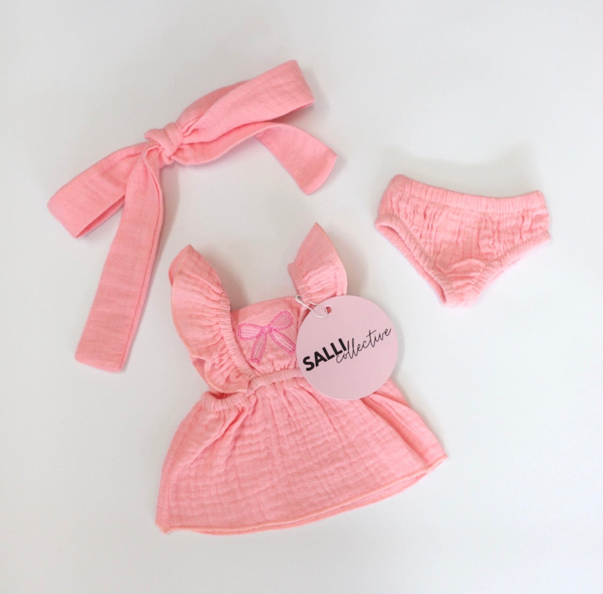 Petal pink dolls bow dress headwrap and Bloomers - 3 pce set-Fits 34-38cm Minikane Gordis, Mini Colettos, Llorens dolls