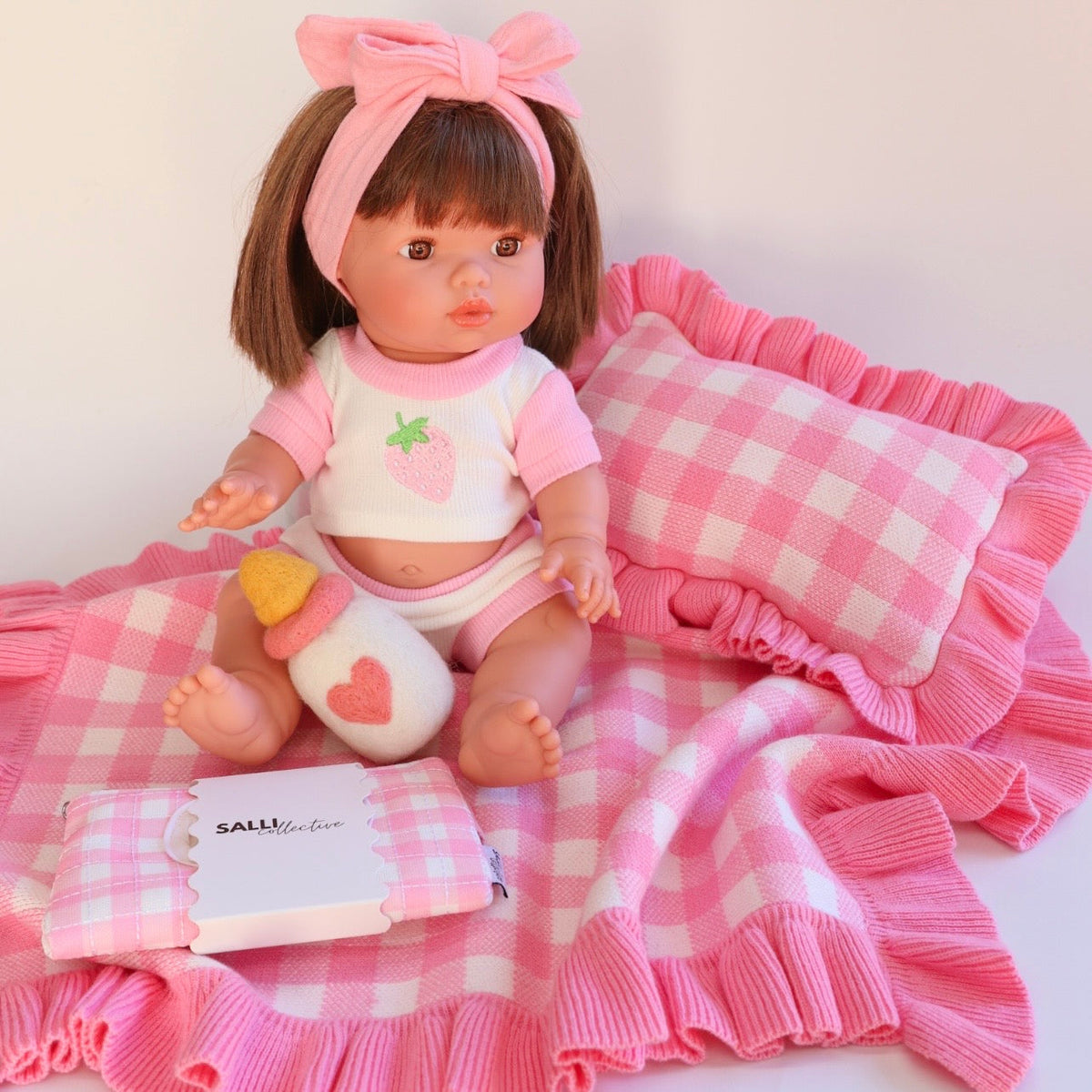 Frilled tulip Pink Gingham doll Blanket + Pillow set