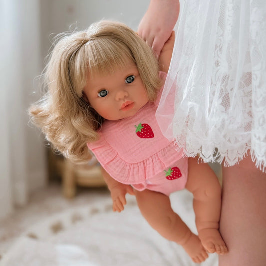 🍓 Strawberry Frilled Bib & Diaper Doll Set - Fits 34-38cm Minikane Gordis, Mini Colettos, Llorens dolls
