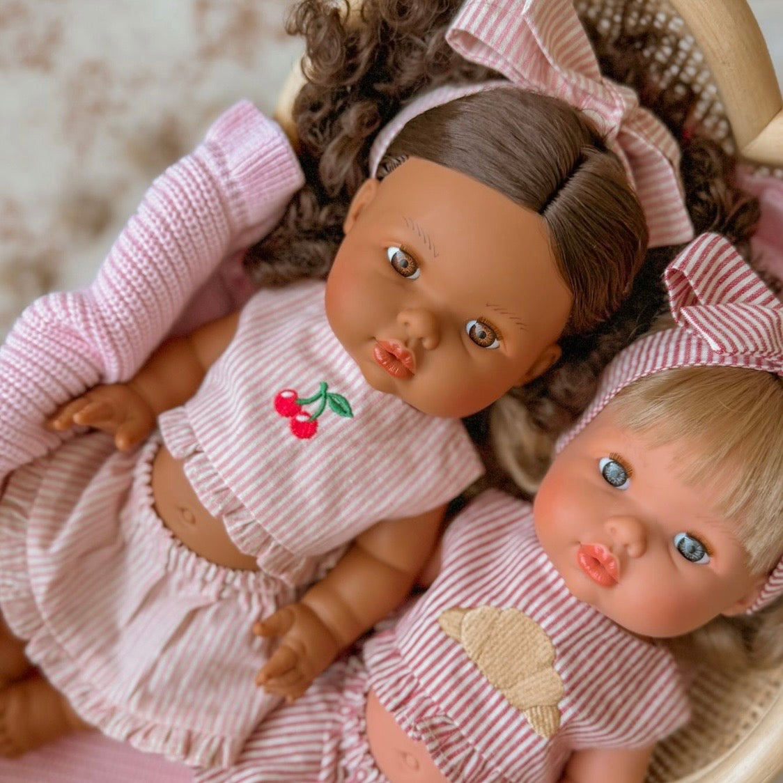 Dolls Vintage Pink & Ivory Frilled Three-Piece Set with Cherry 🍒 Embroidery - Fits 34-38cm Minikane Gordis, Mini Colettos, Llorens dolls