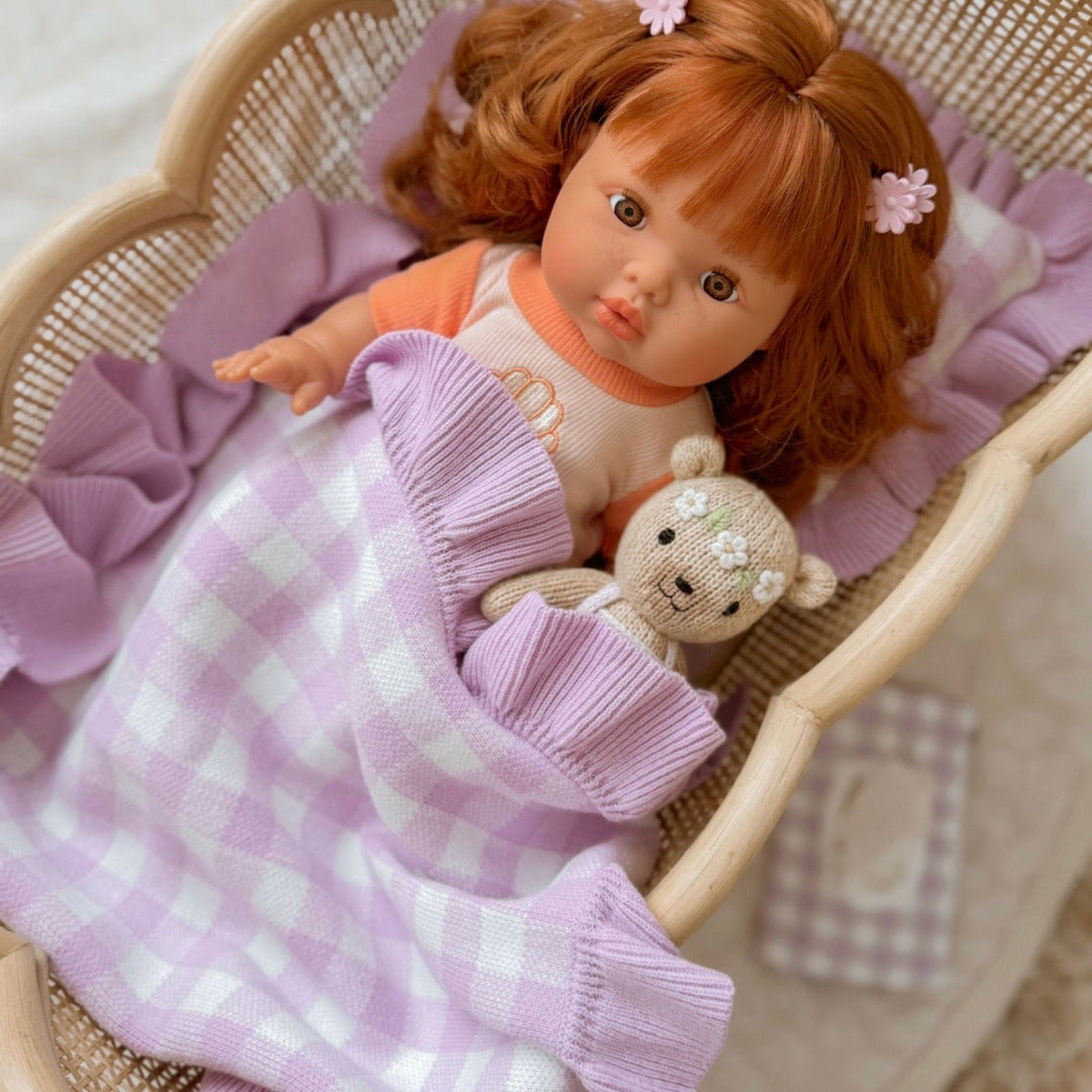 Frilled Purple Gingham doll Blanket + Pillow set