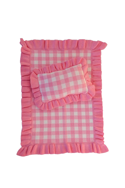 Frilled tulip Pink Gingham doll Blanket + Pillow set