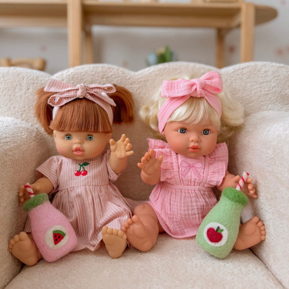 Petal pink dolls bow dress headwrap and Bloomers - 3 pce set-Fits 34-38cm Minikane Gordis, Mini Colettos, Llorens dolls
