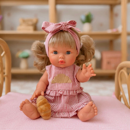 3-piece top + skirt + bow dolls set in Croissant vintage Red Ivory pinstripe - Fits 34-38cm Minikane Gordis, Mini Colettos, Llorens dolls
