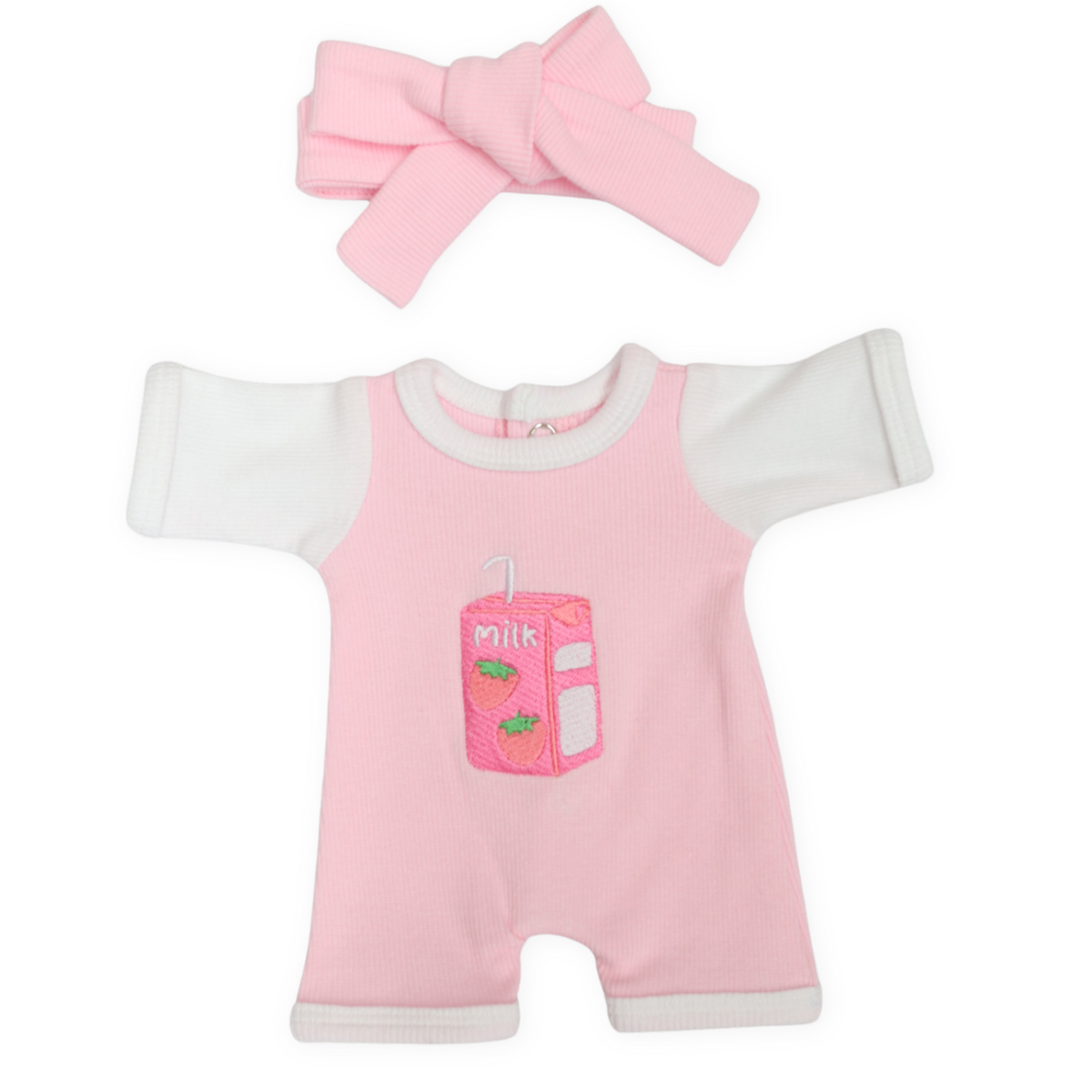 PRE ORDER Strawberry Sips Milk Romper + Bow set - Fits 34-38cm Minikane Gordis, Mini Colettos, Miniland Dolls, Llorens dolls (Copy)