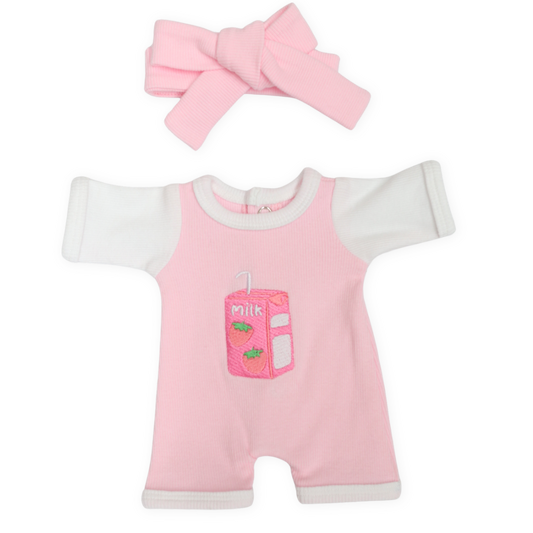 PRE ORDER Strawberry Sips Milk Romper + Bow set - Fits 34-38cm Minikane Gordis, Mini Colettos, Miniland Dolls, Llorens dolls (Copy)