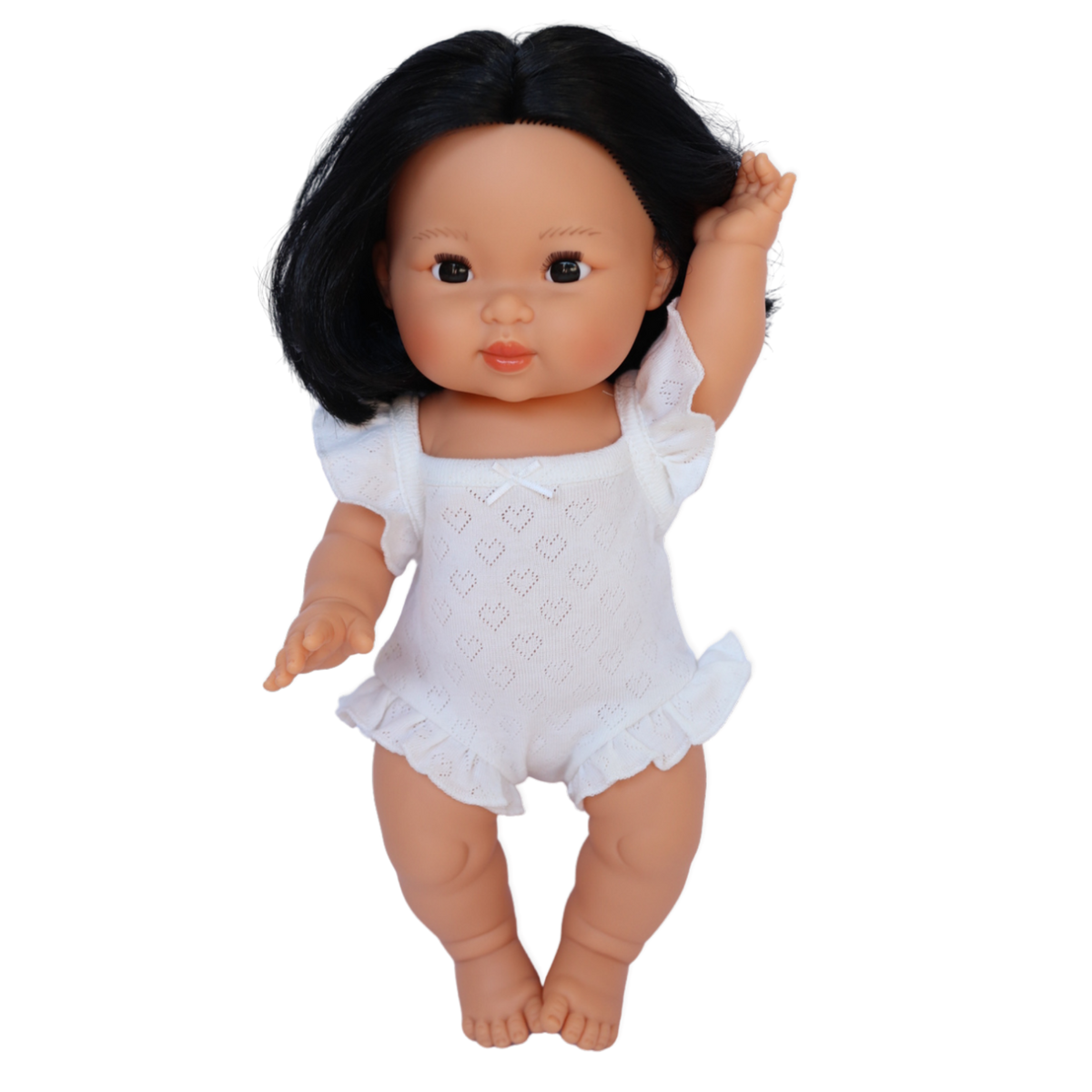 PRE ORDER White heart pointelle heart Playsuit - Fits 34-38cm Minikane Gordis, Mini Colettos, Miniland Dolls, Llorens dolls