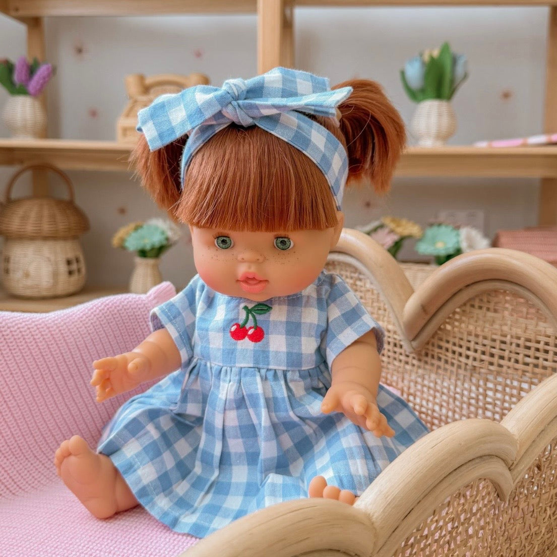 Dolls Sky Blue Cherry Gingham🍒 Chloe dress + Bow - Fits 34-38cm Minikane Gordis, Mini Colettos, Llorens dolls