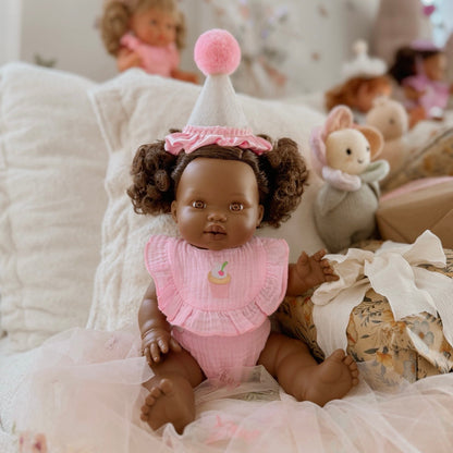 Pink Birthday Cupcake Bib & Diaper Doll Set - Fits 34-38cm Minikane Gordis, Mini Colettos, Llorens dolls party set