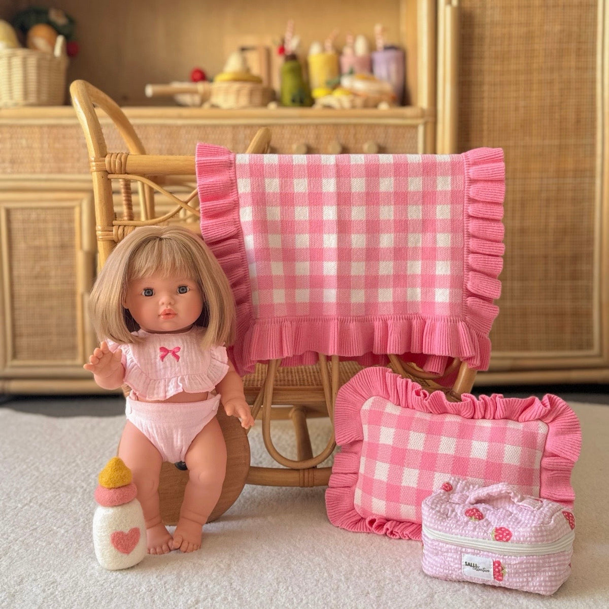 Frilled tulip Pink Gingham doll Blanket + Pillow set