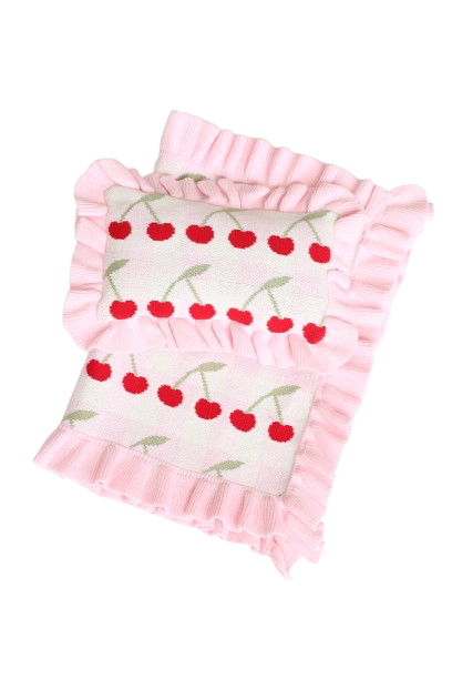 Frilled Gingham Cherry Blanket + Pillow set