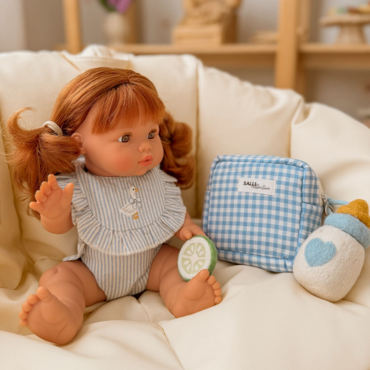Dolls Blue striped Goose Bib + Diaper set - Fits 34-38cm Minikane Gordis, Mini Colettos, Llorens dolls