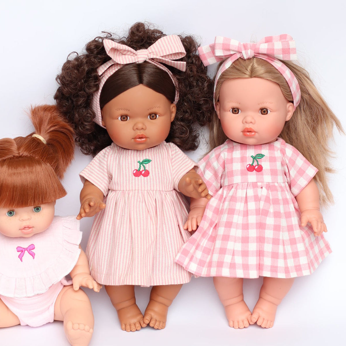 Dolls Dusty Pink Pinstripe Cherry 🍒 Gingham Chloe Gingham dress - Fits 34-38cm Minikane Gordis, Mini Colettos, Llorens dolls