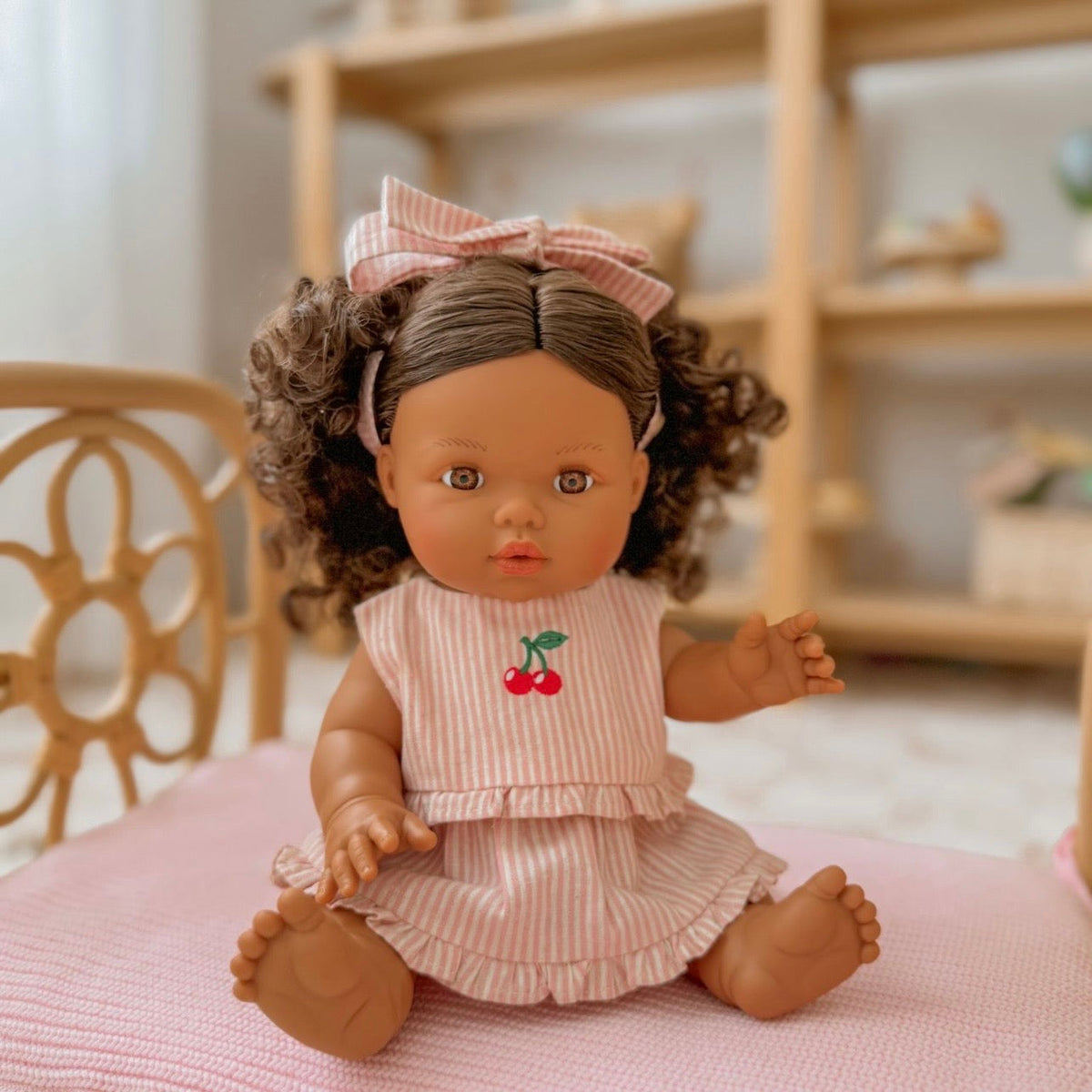 Dolls Vintage Pink & Ivory Frilled Three-Piece Set with Cherry 🍒 Embroidery - Fits 34-38cm Minikane Gordis, Mini Colettos, Llorens dolls