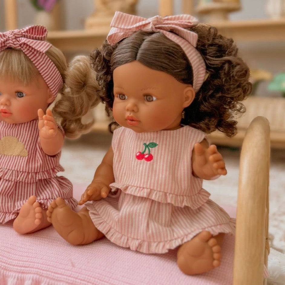 Dolls Vintage Pink & Ivory Frilled Three-Piece Set with Cherry 🍒 Embroidery - Fits 34-38cm Minikane Gordis, Mini Colettos, Llorens dolls