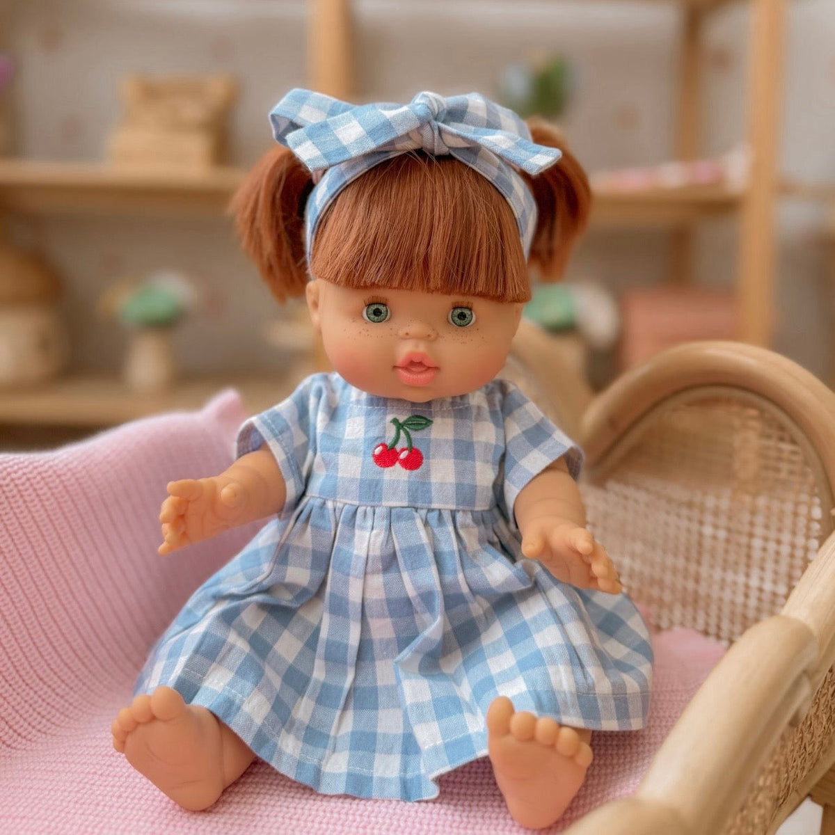 Dolls Sky Blue Cherry Gingham🍒 Chloe dress + Bow - Fits 34-38cm Minikane Gordis, Mini Colettos, Llorens dolls