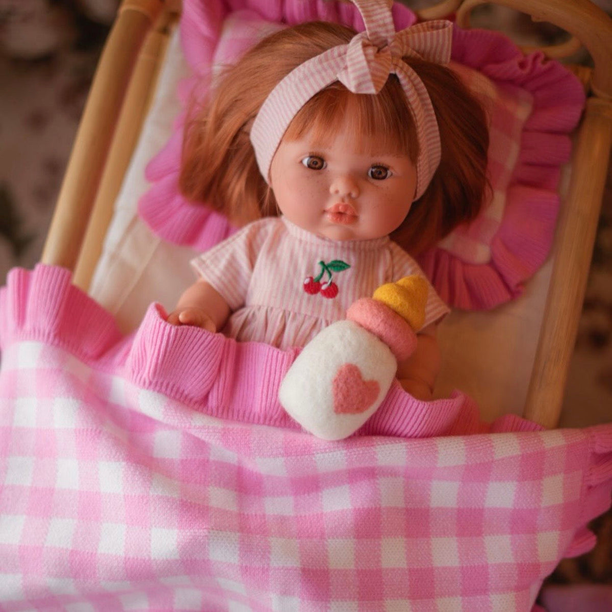 Frilled tulip Pink Gingham doll Blanket + Pillow set