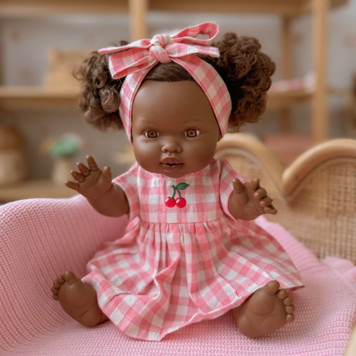 Blush Cherry 🍒 Gingham Chloe Gingham dress - Fits 34-38cm Minikane Gordis, Mini Colettos, Llorens dolls