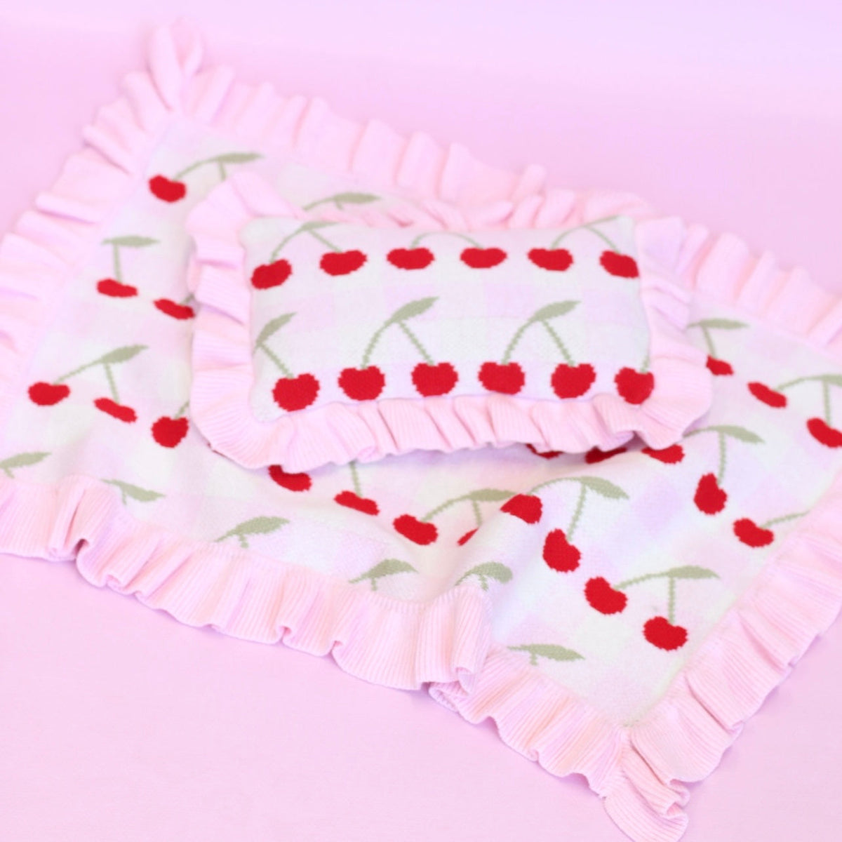 Frilled Gingham Cherry Blanket + Pillow set