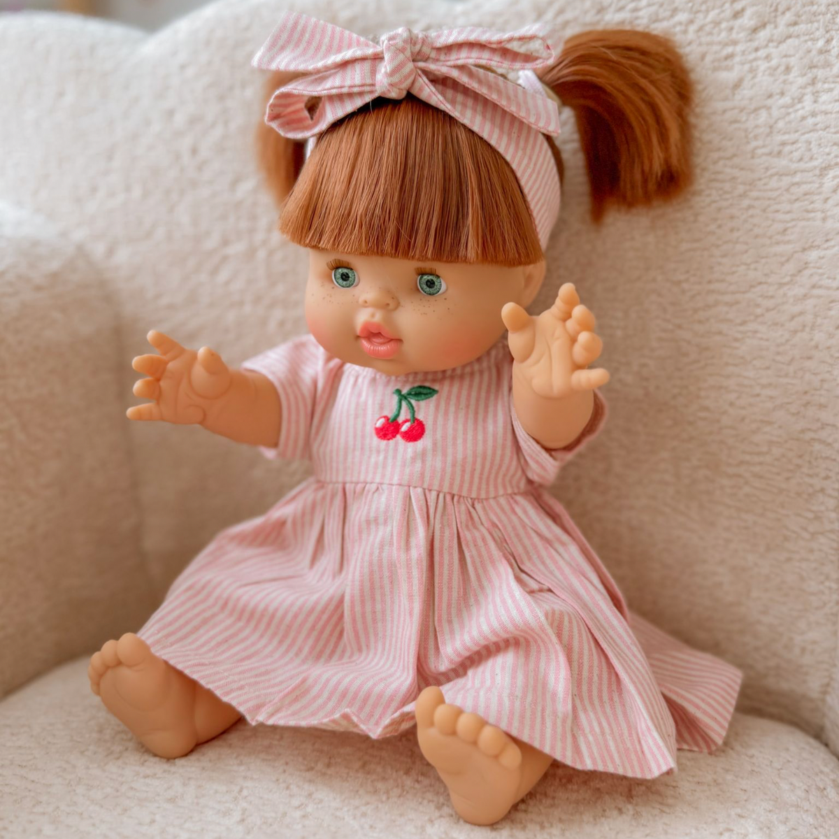 Dolls Dusty Pink Pinstripe Cherry 🍒 Gingham Chloe Gingham dress - Fits 34-38cm Minikane Gordis, Mini Colettos, Llorens dolls