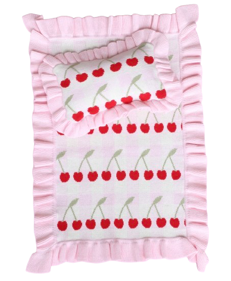Frilled Gingham Cherry Blanket + Pillow set