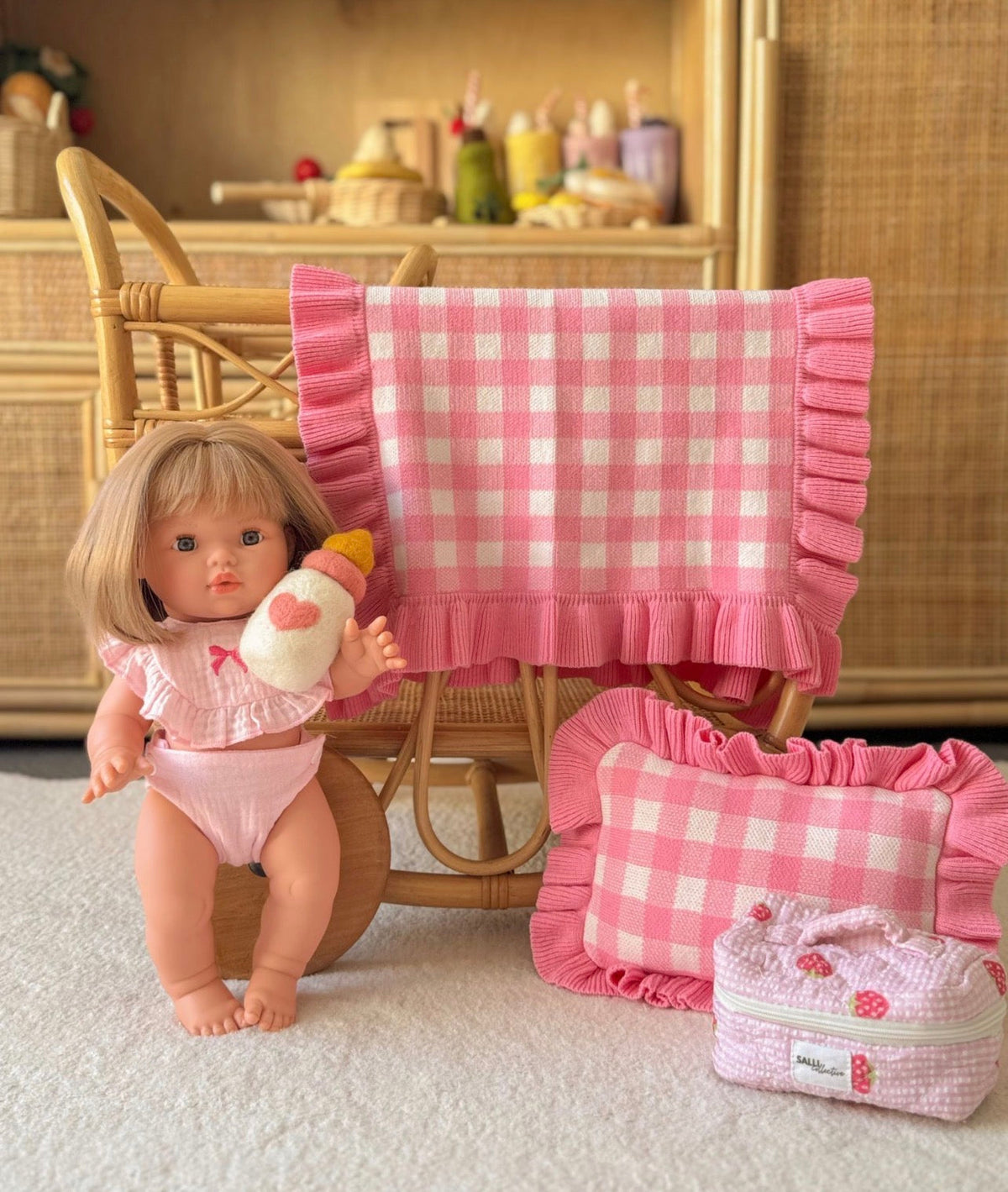 Frilled tulip Pink Gingham doll Blanket + Pillow set