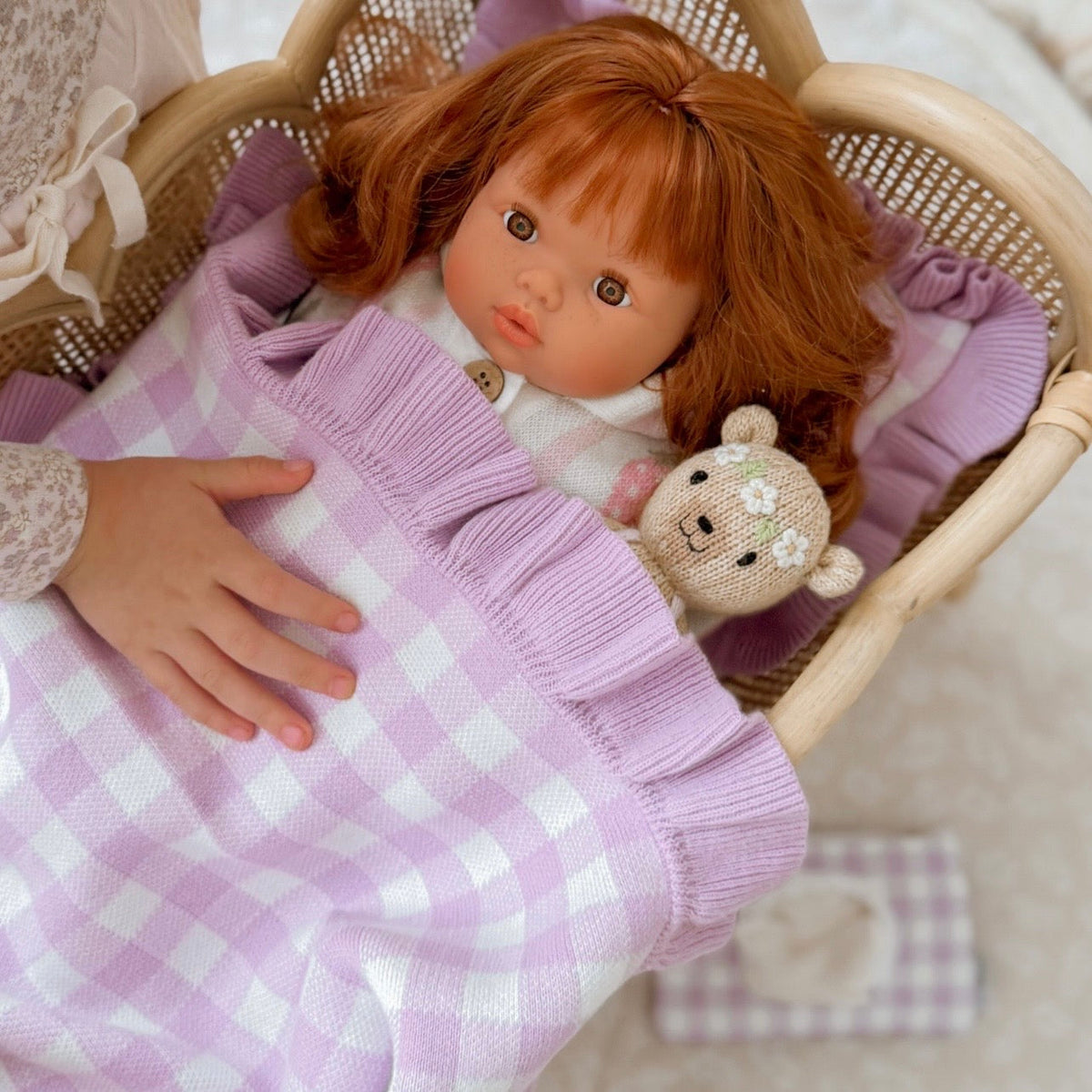 Frilled Purple Gingham doll Blanket + Pillow set