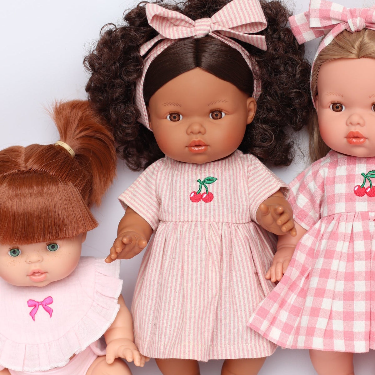 Dolls Dusty Pink Pinstripe Cherry 🍒 Gingham Chloe Gingham dress - Fits 34-38cm Minikane Gordis, Mini Colettos, Llorens dolls