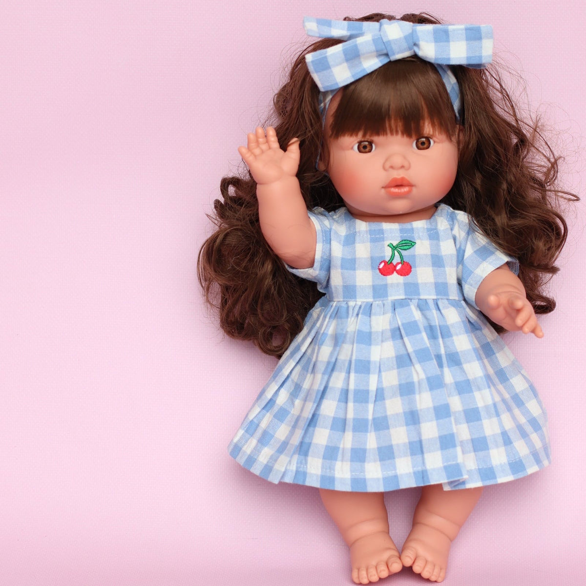 Dolls Sky Blue Cherry Gingham🍒 Chloe dress + Bow - Fits 34-38cm Minikane Gordis, Mini Colettos, Llorens dolls