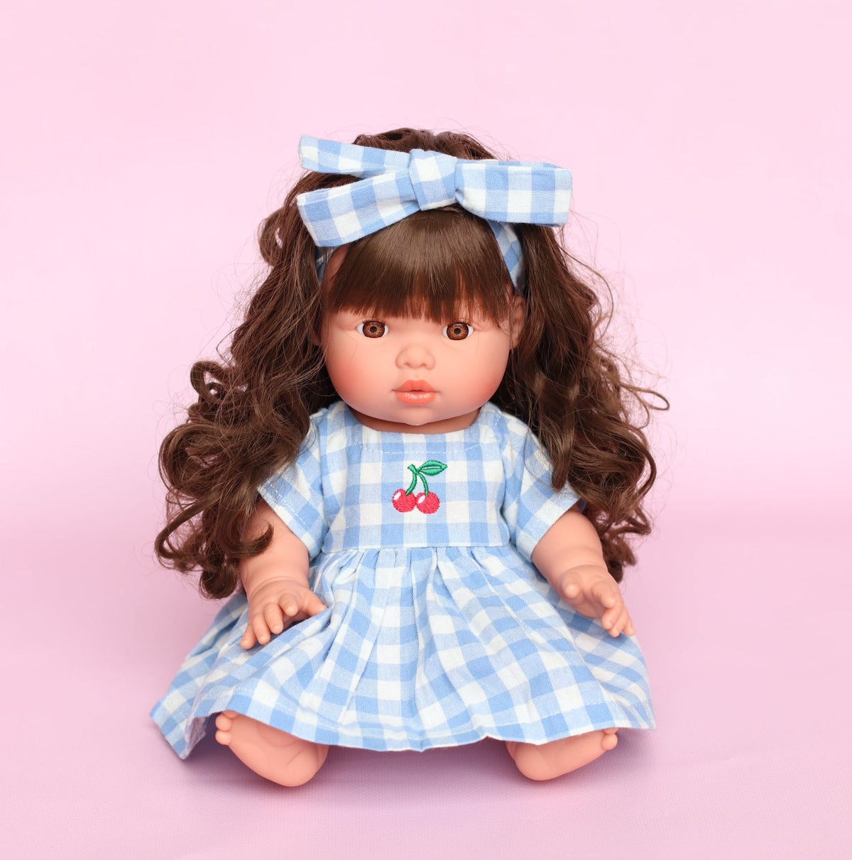 Dolls Sky Blue Cherry Gingham🍒 Chloe dress + Bow - Fits 34-38cm Minikane Gordis, Mini Colettos, Llorens dolls
