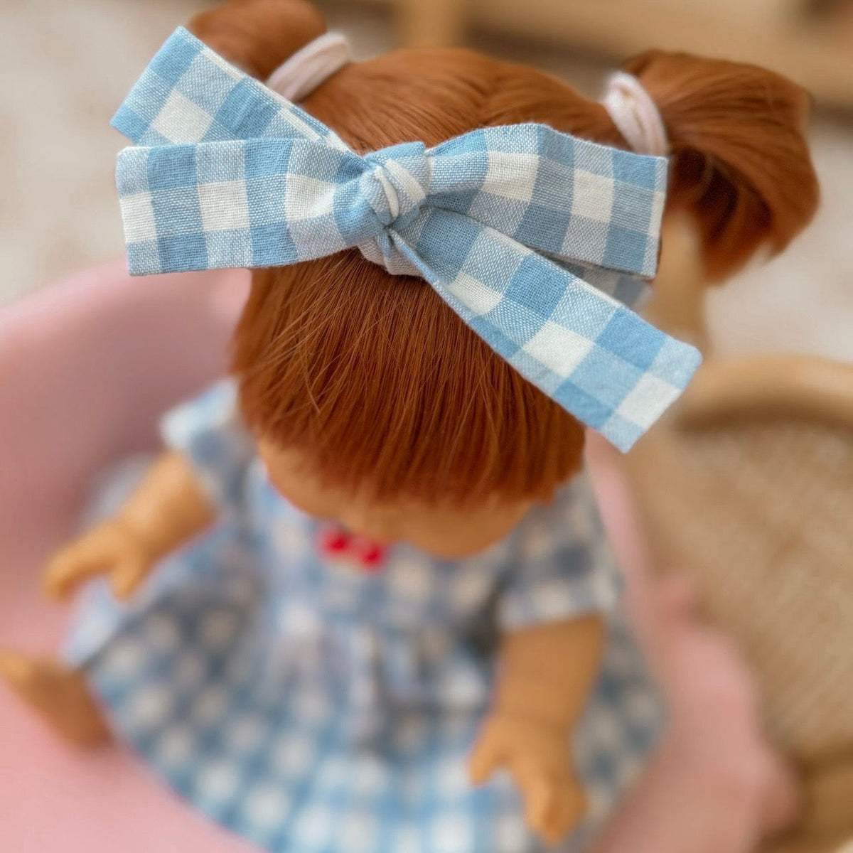 Dolls Sky Blue Cherry Gingham🍒 Chloe dress + Bow - Fits 34-38cm Minikane Gordis, Mini Colettos, Llorens dolls