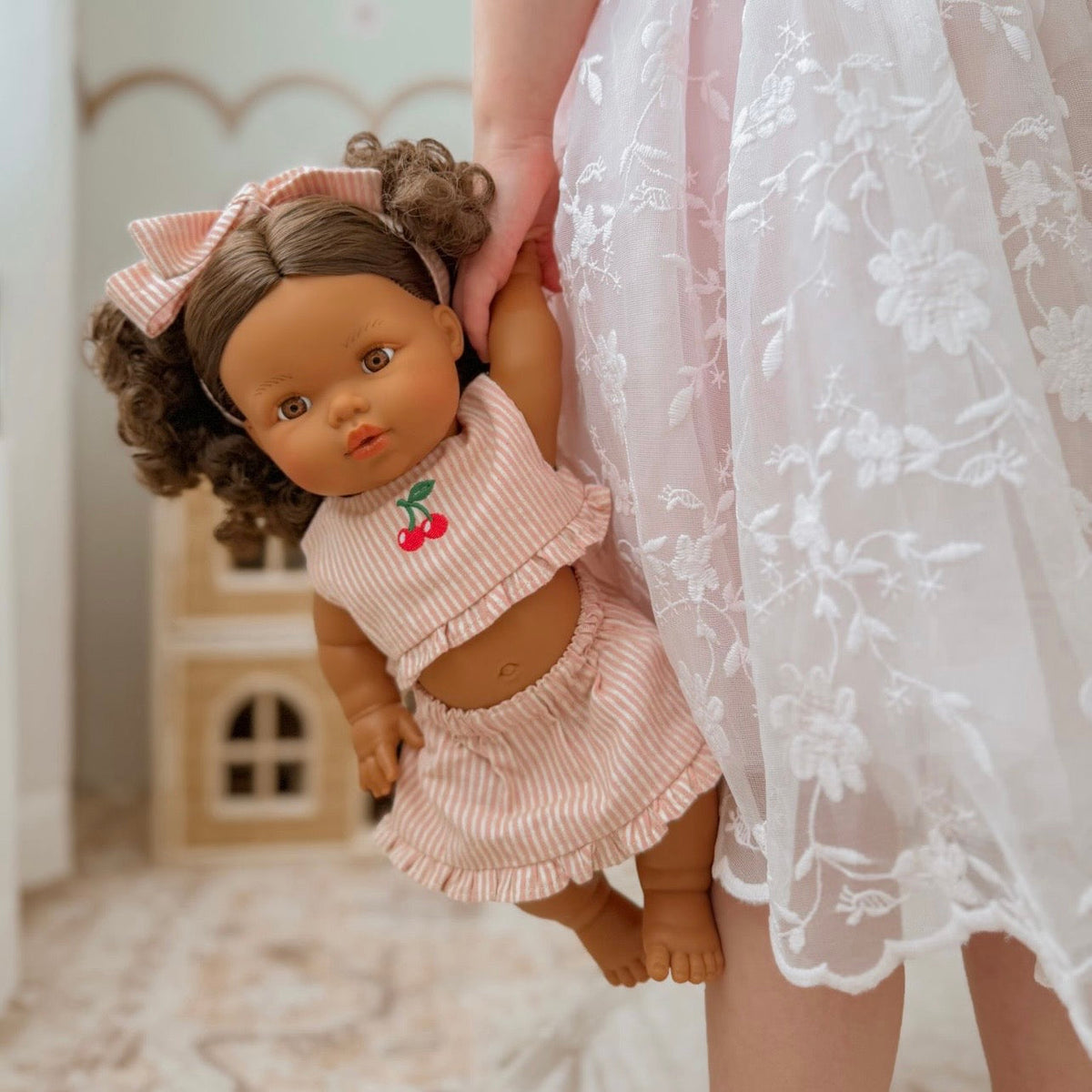 Dolls Vintage Pink & Ivory Frilled Three-Piece Set with Cherry 🍒 Embroidery - Fits 34-38cm Minikane Gordis, Mini Colettos, Llorens dolls