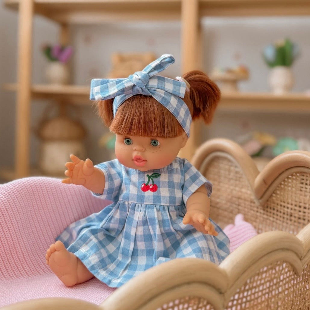 Dolls Sky Blue Cherry Gingham🍒 Chloe dress + Bow - Fits 34-38cm Minikane Gordis, Mini Colettos, Llorens dolls