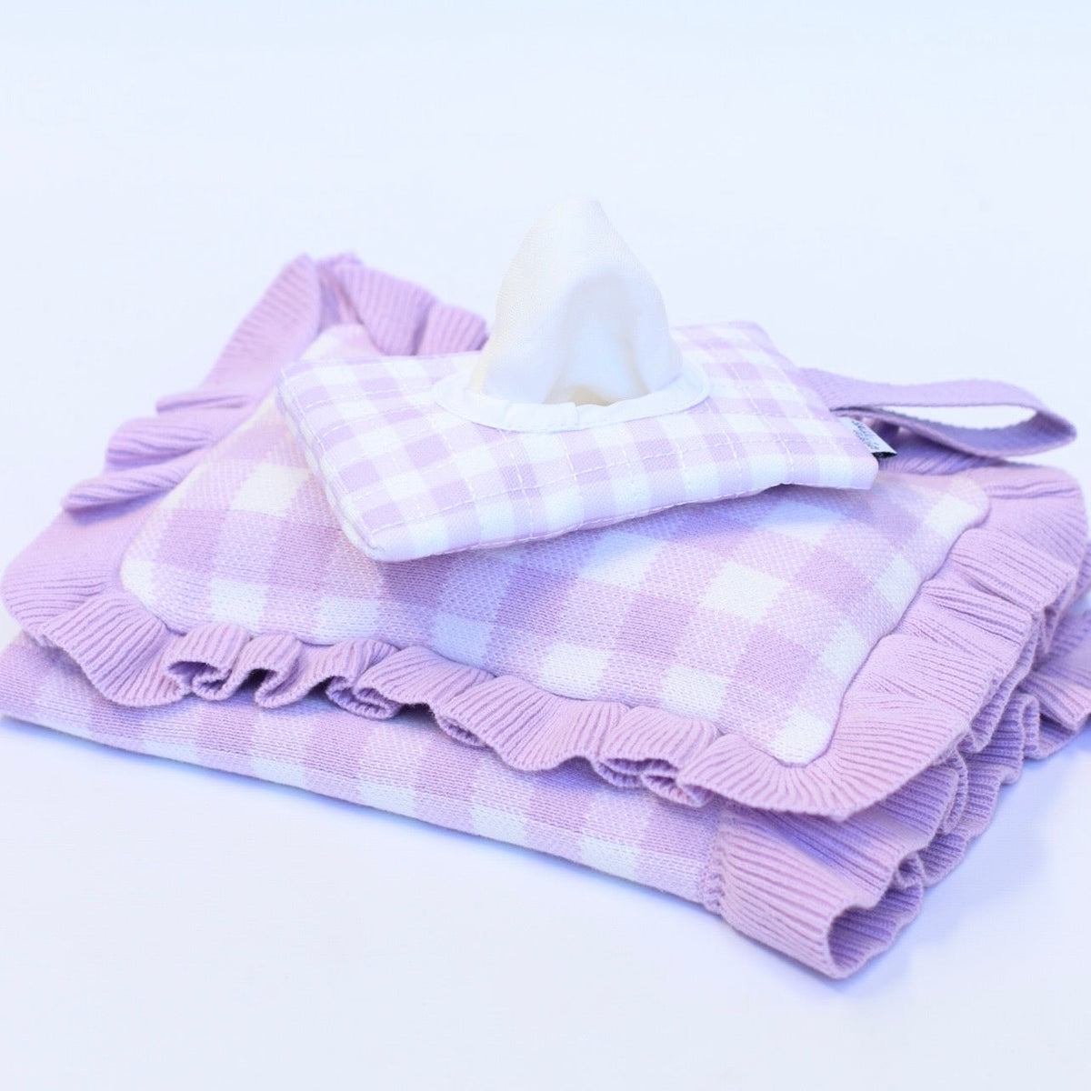 Frilled Purple Gingham doll Blanket + Pillow set
