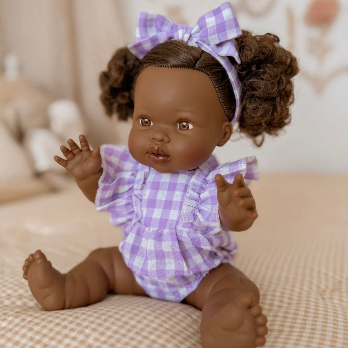 Lilac Gingham Doll Clothes Doll Romper Outfit for Miniland, Baby Dolls & 38cm Dolls - Fits 34-38cm Minikane Gordis, Mini Colettos, Llorens dolls