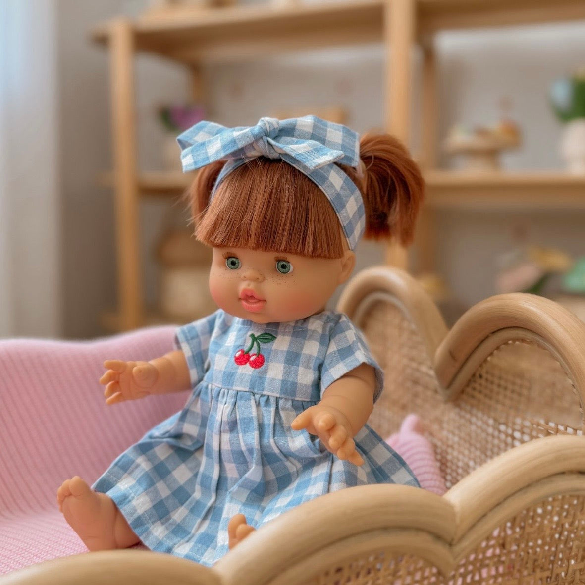 Dolls Sky Blue Cherry Gingham🍒 Chloe dress + Bow - Fits 34-38cm Minikane Gordis, Mini Colettos, Llorens dolls