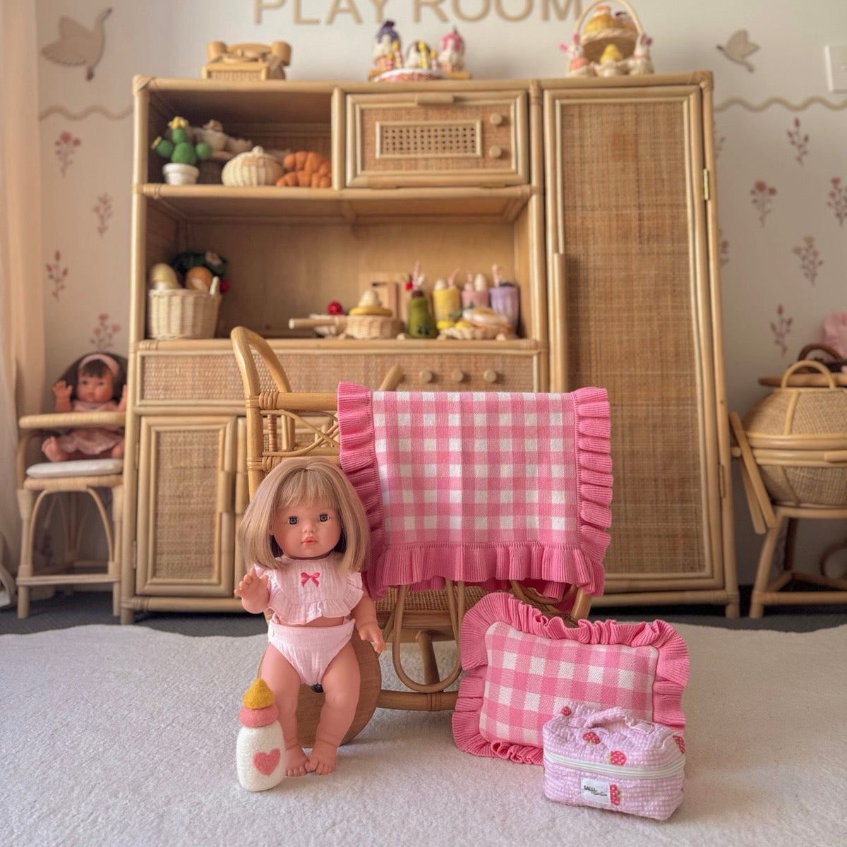Frilled tulip Pink Gingham doll Blanket + Pillow set