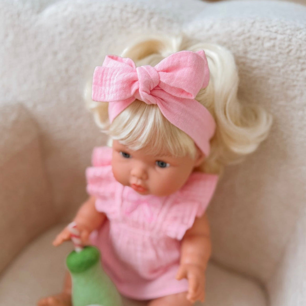 Petal pink dolls bow dress headwrap and Bloomers - 3 pce set-Fits 34-38cm Minikane Gordis, Mini Colettos, Llorens dolls