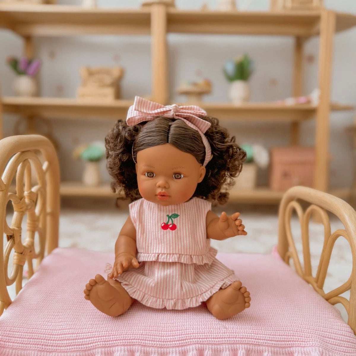 Dolls Vintage Pink & Ivory Frilled Three-Piece Set with Cherry 🍒 Embroidery - Fits 34-38cm Minikane Gordis, Mini Colettos, Llorens dolls